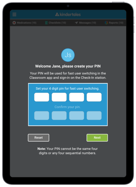 Kindertales Classroom App User PIN Creation