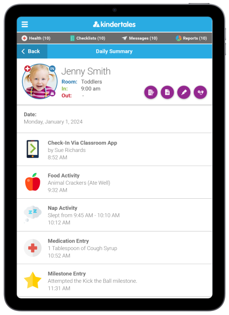 Kindertales Classroom App Daily Summary